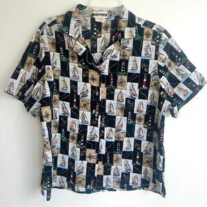 Vintage 1980s Nautical Sailboat Lighthouse Button Down Top